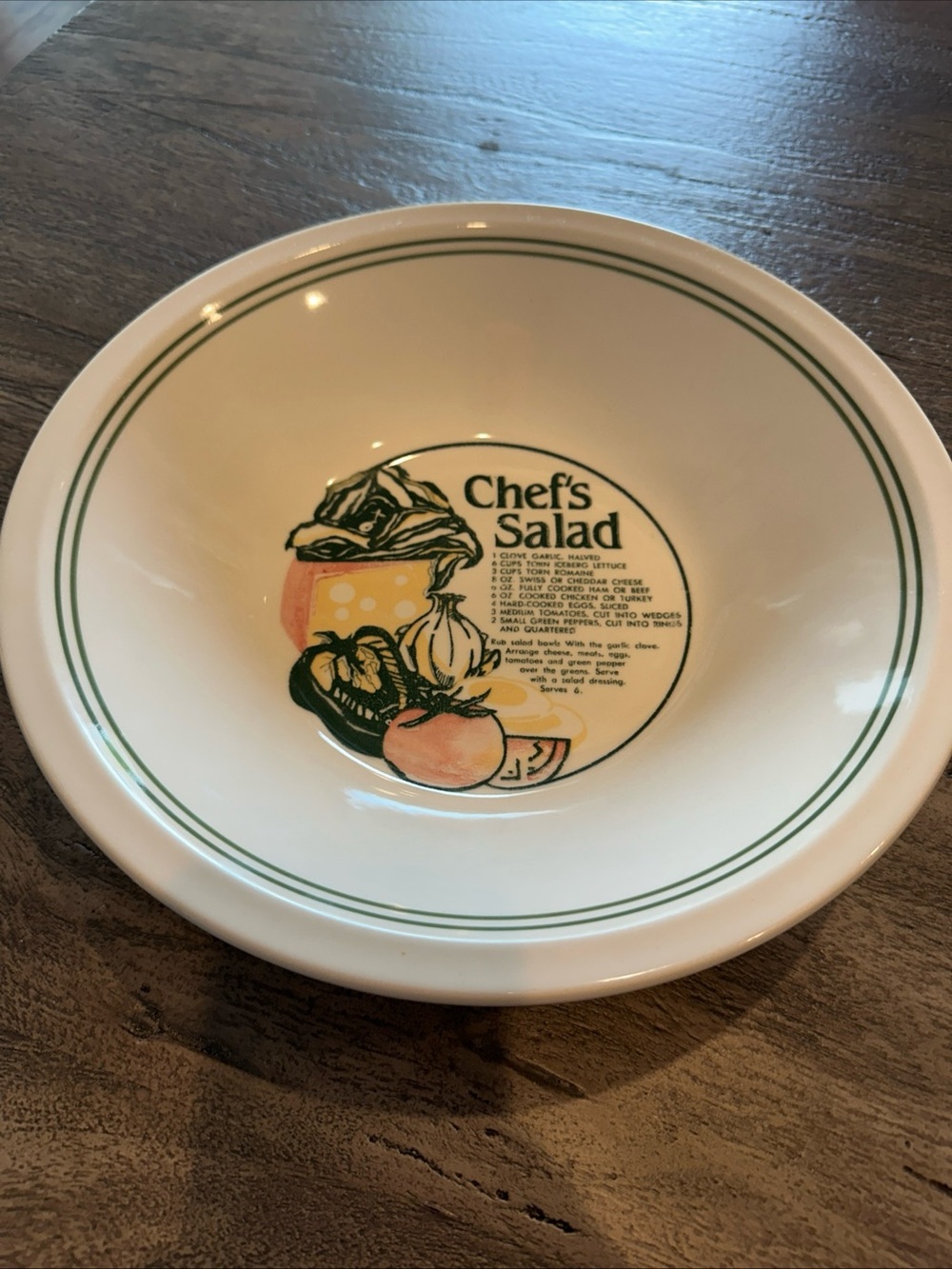 Vintage 1980s "Chef's Salad" Ceramic Recipe Serving Bowl Retro Kitchen 11.5”